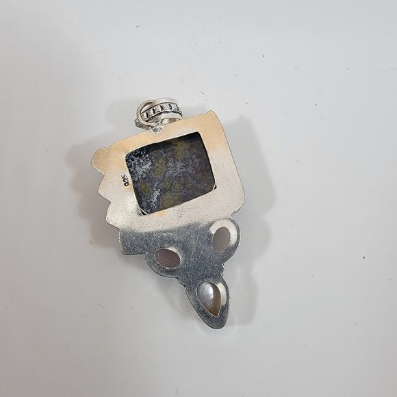 Handmade Silver Pendant with Ocean Jasper, Rose Quartz & Pearl - Picture 2 of 10